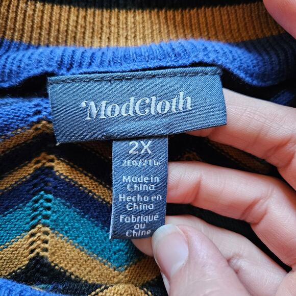 Modcloth Dress Womens Size 2X Chevron Knit Long Sleeve Crew Neck Sweater Blue - Picture 8 of 10
